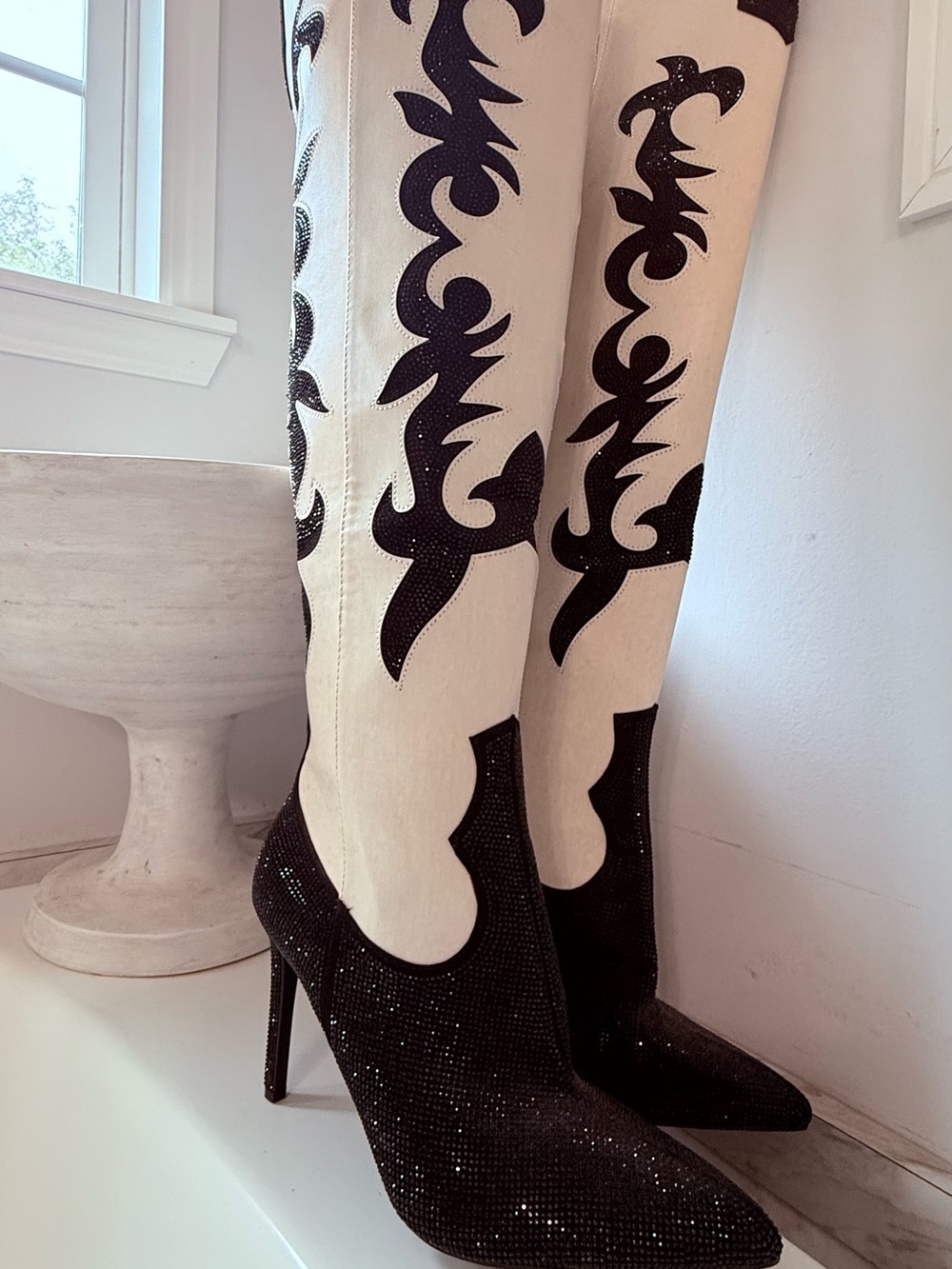 INC Tall Two-Tone Western-Inspired Knee Boots in Black and Cream